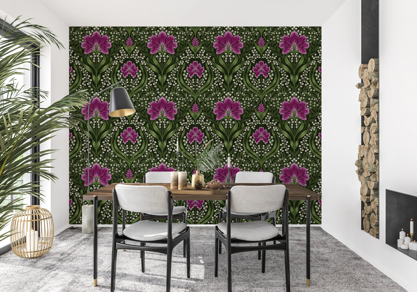 Intricate floral damask -  purple Wallpaper⁠