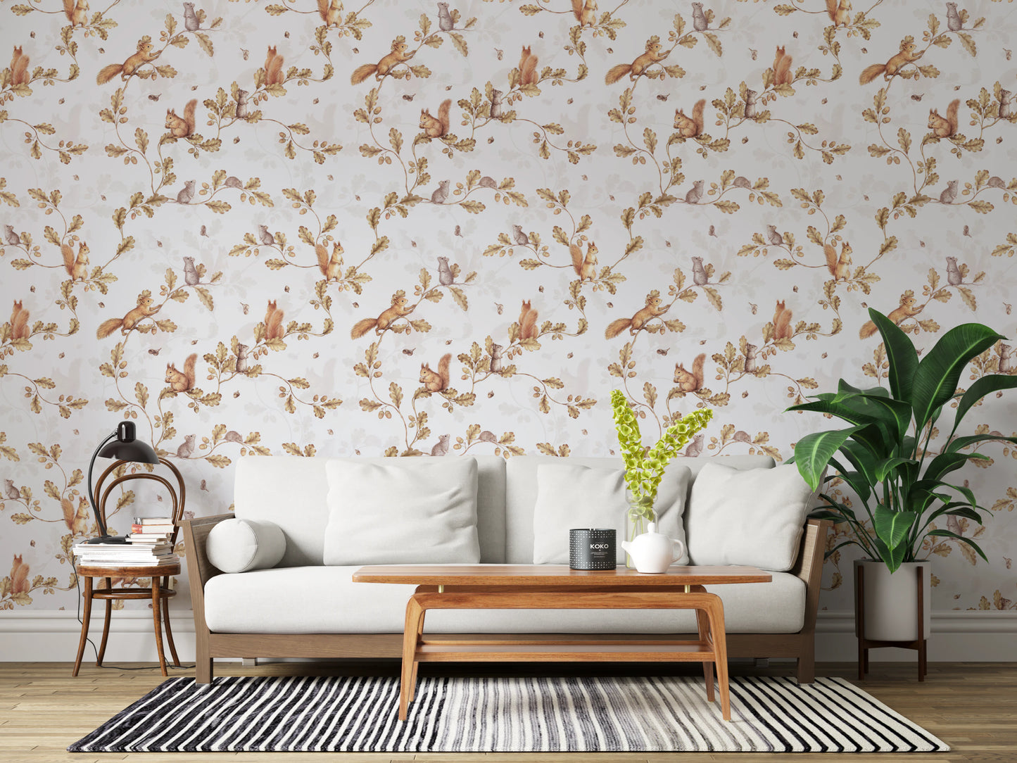 18th Rococo Forest Chinoiserie with Squirrels and Mice on Oak Tree Branches off white Wallpaper⁠