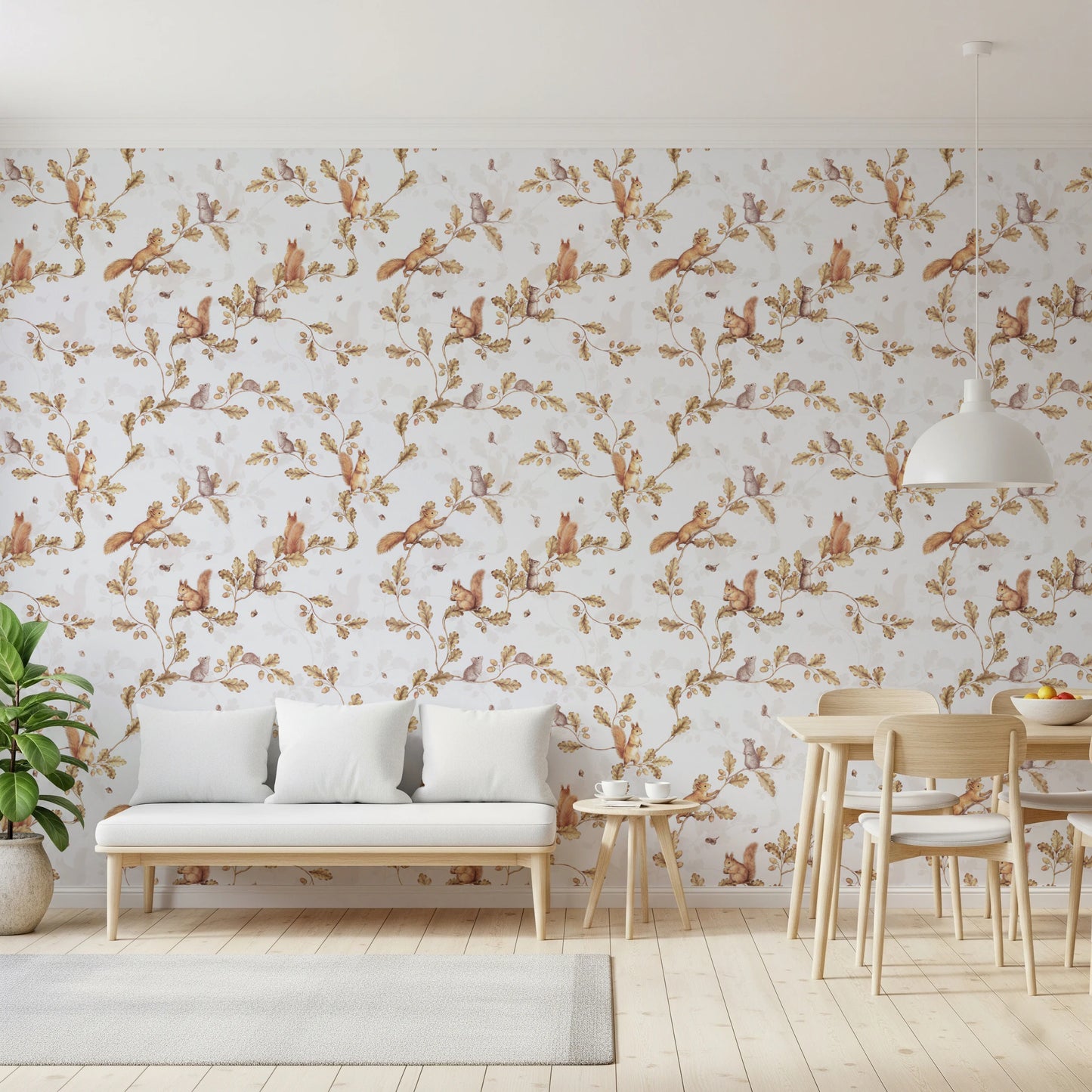 18th Rococo Forest Chinoiserie with Squirrels and Mice on Oak Tree Branches off white Wallpaper⁠