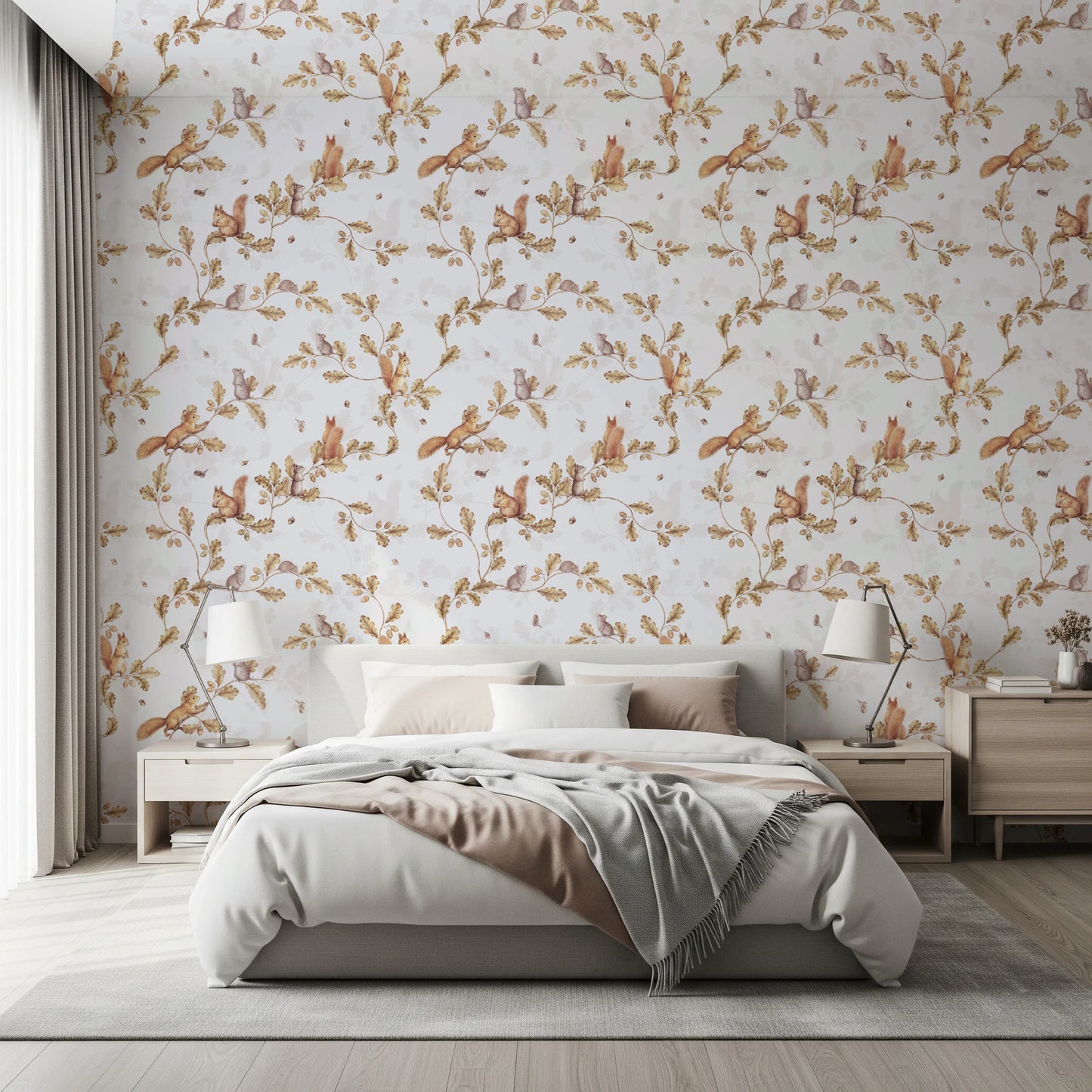 18th Rococo Forest Chinoiserie with Squirrels and Mice on Oak Tree Branches off white Wallpaper⁠