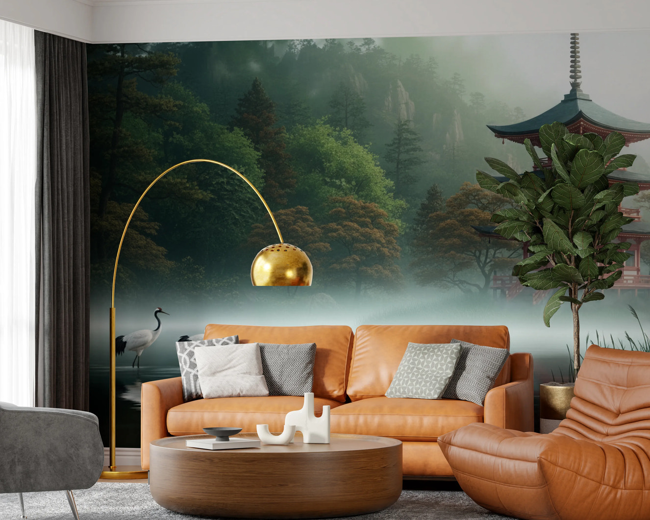 Japanese style garden scene with cranes on Silent Sanctuary Wall Mural