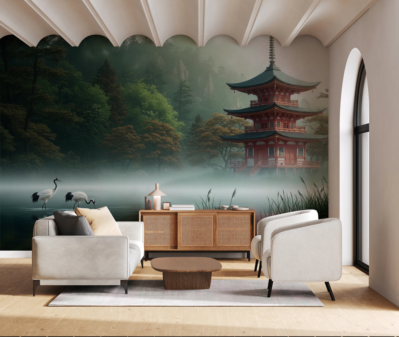 Silent Sanctuary Wall Mural for a living room featuring a red pagoda by a misty lake