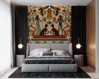 Custom-size wall mural in a bedroom with earthy tones and cultural themes.