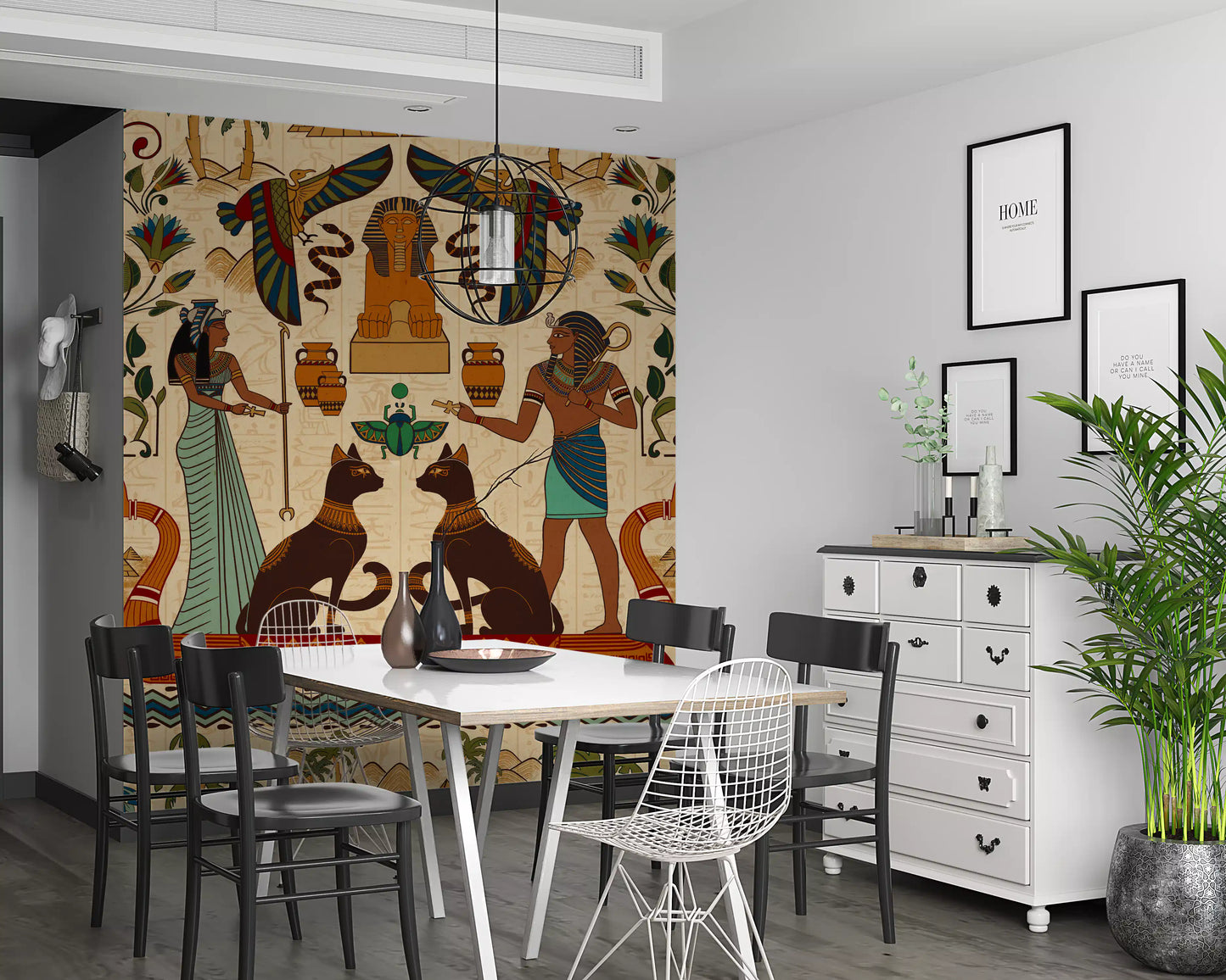 Dining room adorned with a Ancient Echoes wall mural featuring nature and figures 