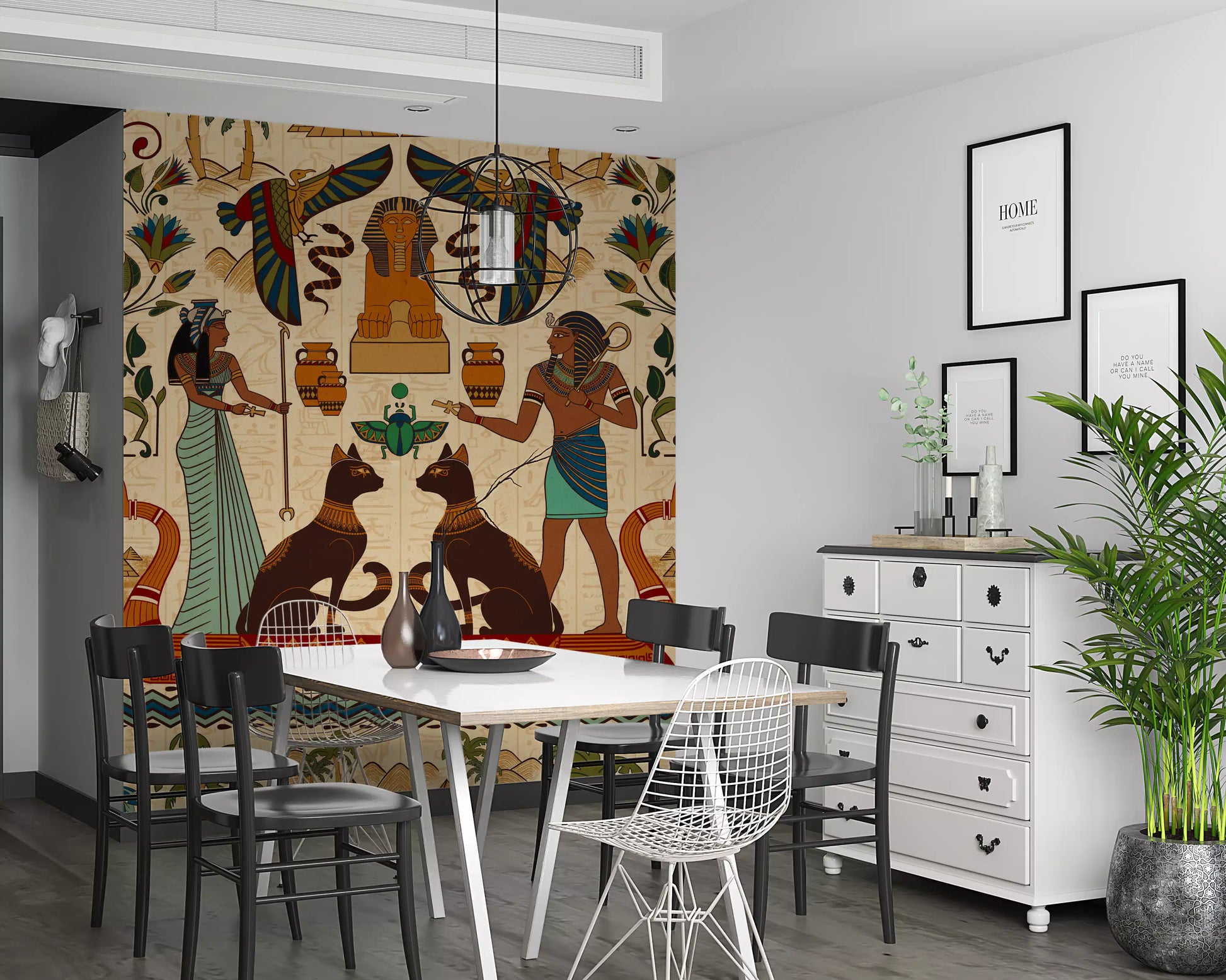 Dining room adorned with a Ancient Echoes wall mural featuring nature and figures 