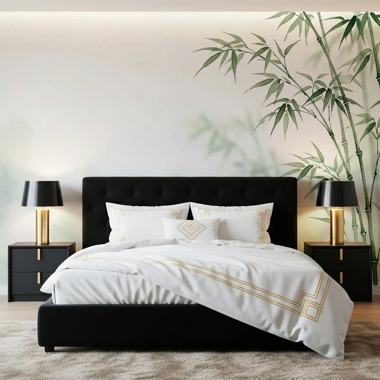 Subtle bamboo mural in neutral tones, ideal for bedrooms.