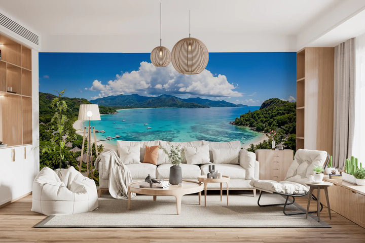 Tropical Paradise View Wall Mural for modern living room featuring palms.