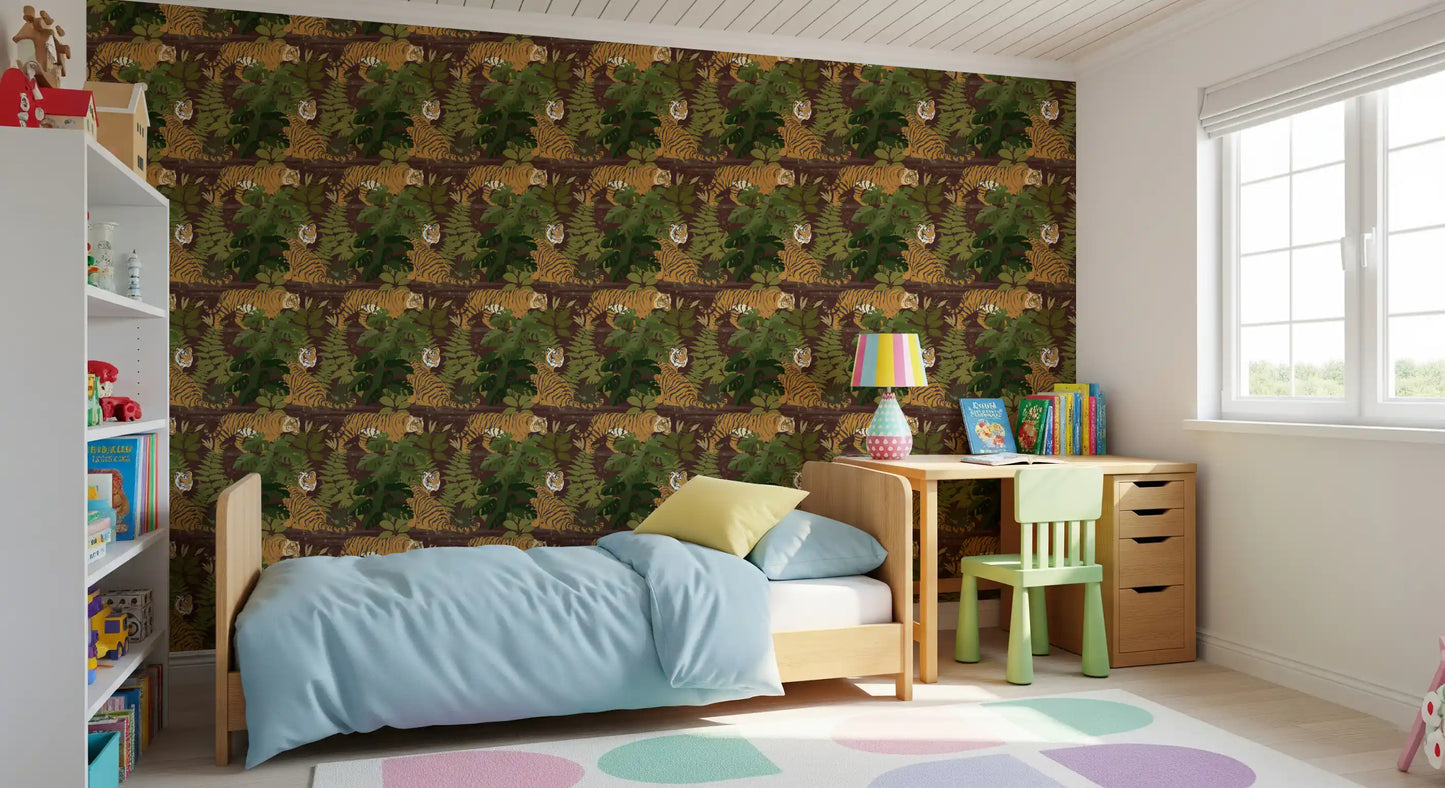 Wild Jungle Roam Tigers Tropical Monstera Wallpaper⁠