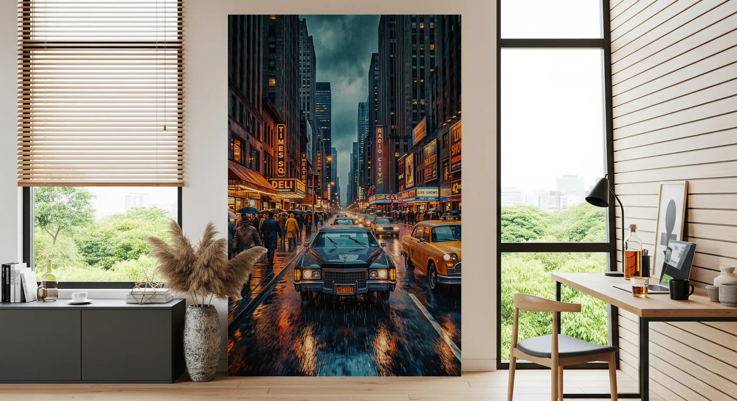 Neon Rain: Vintage New York Streets Wall Mural