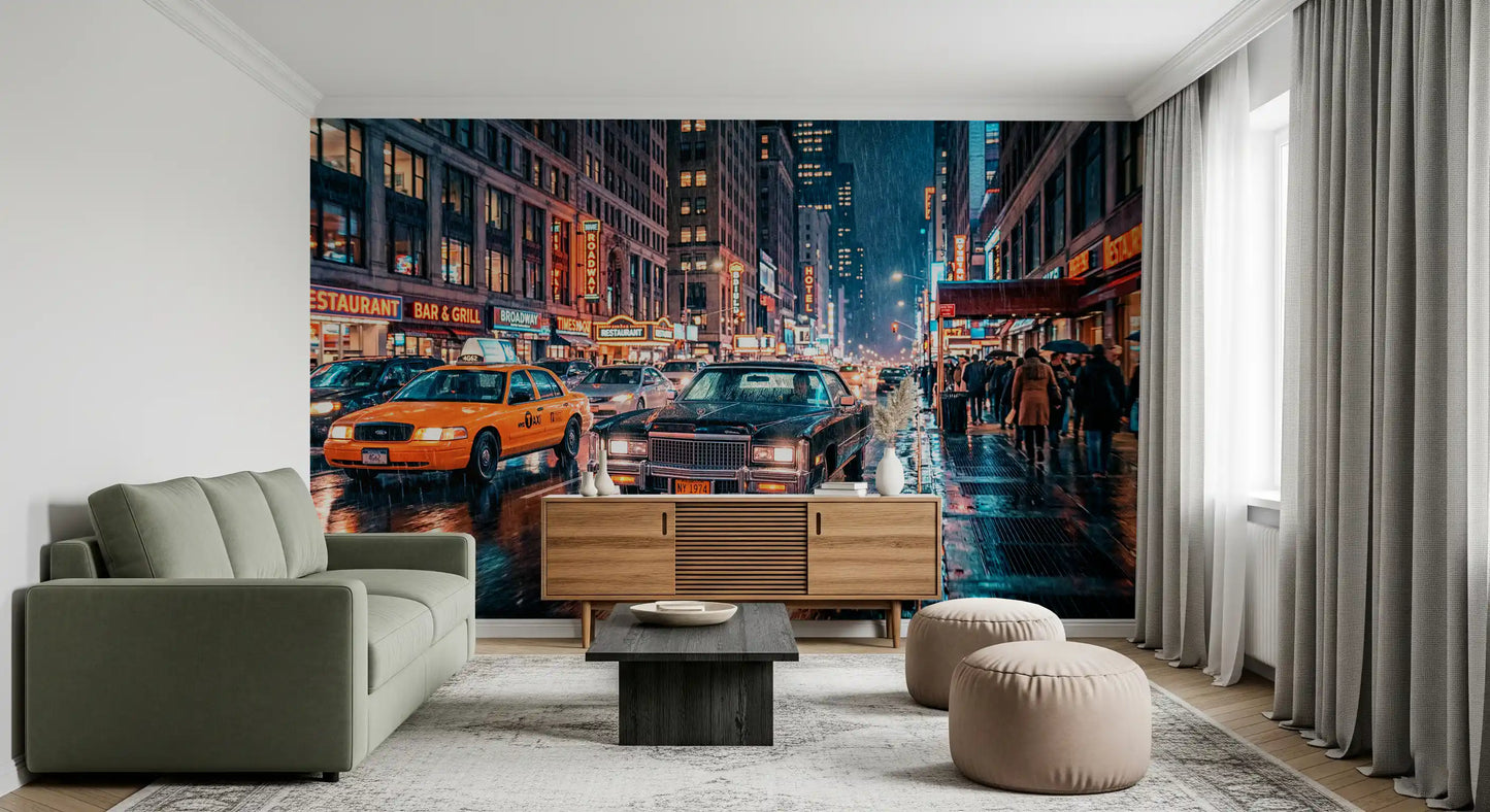 Neon Rain: NYC Streets Wall Mural