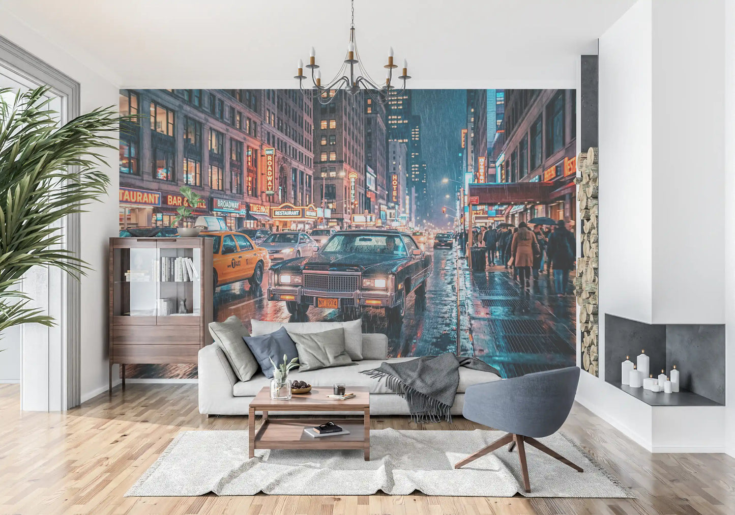 Neon Rain: NYC Streets Wall Mural