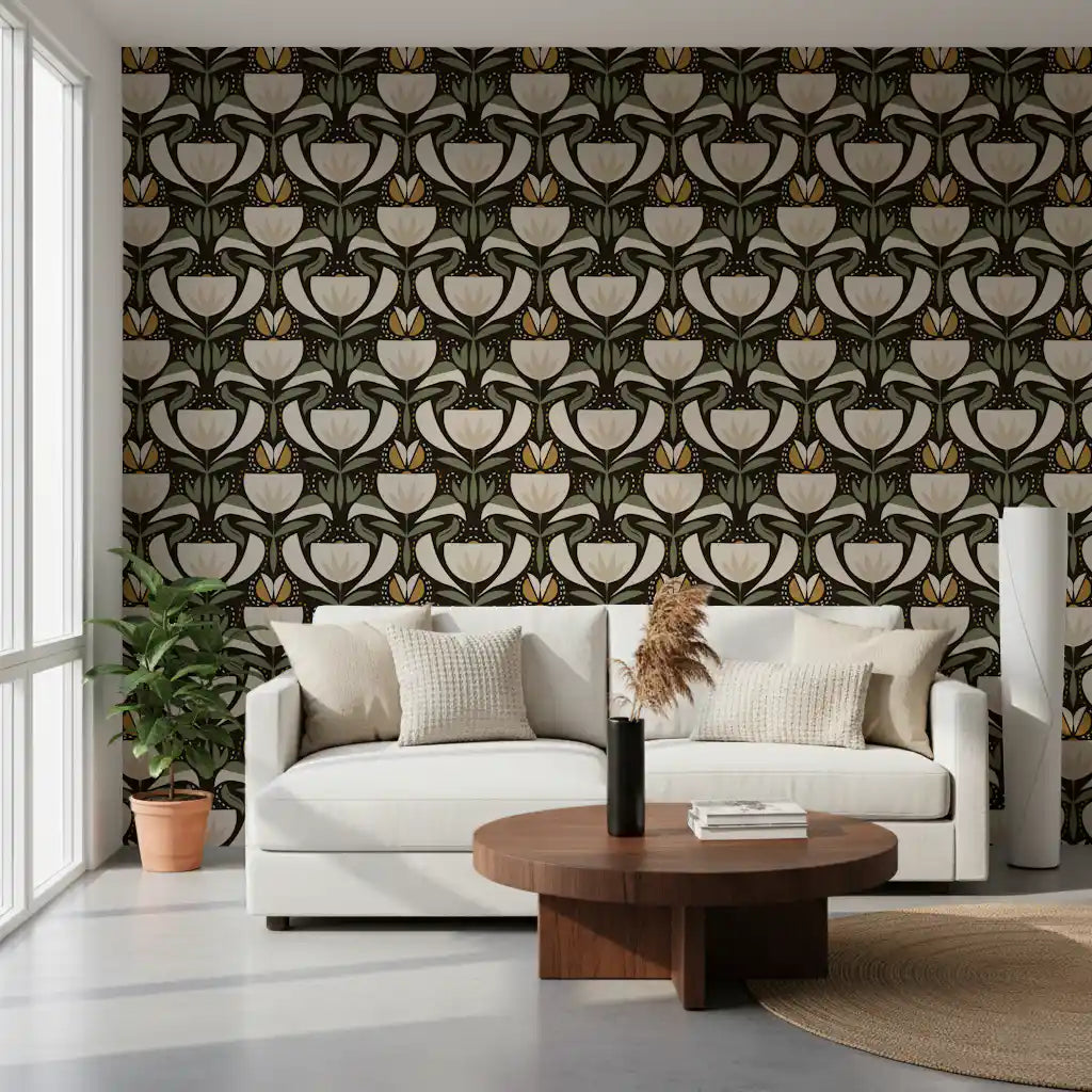 Scandinavian Folk Art Floral Garden – Earthy Botanical Pattern with Sage Green Leaves, Cream Flowers and Mustard Gold Accents – Symmetrical Vintage Nature Design  Wallpaper⁠