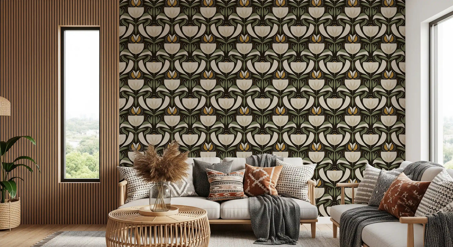Scandinavian Folk Art Floral Garden – Earthy Botanical Pattern with Sage Green Leaves, Cream Flowers and Mustard Gold Accents – Symmetrical Vintage Nature Design  Wallpaper⁠