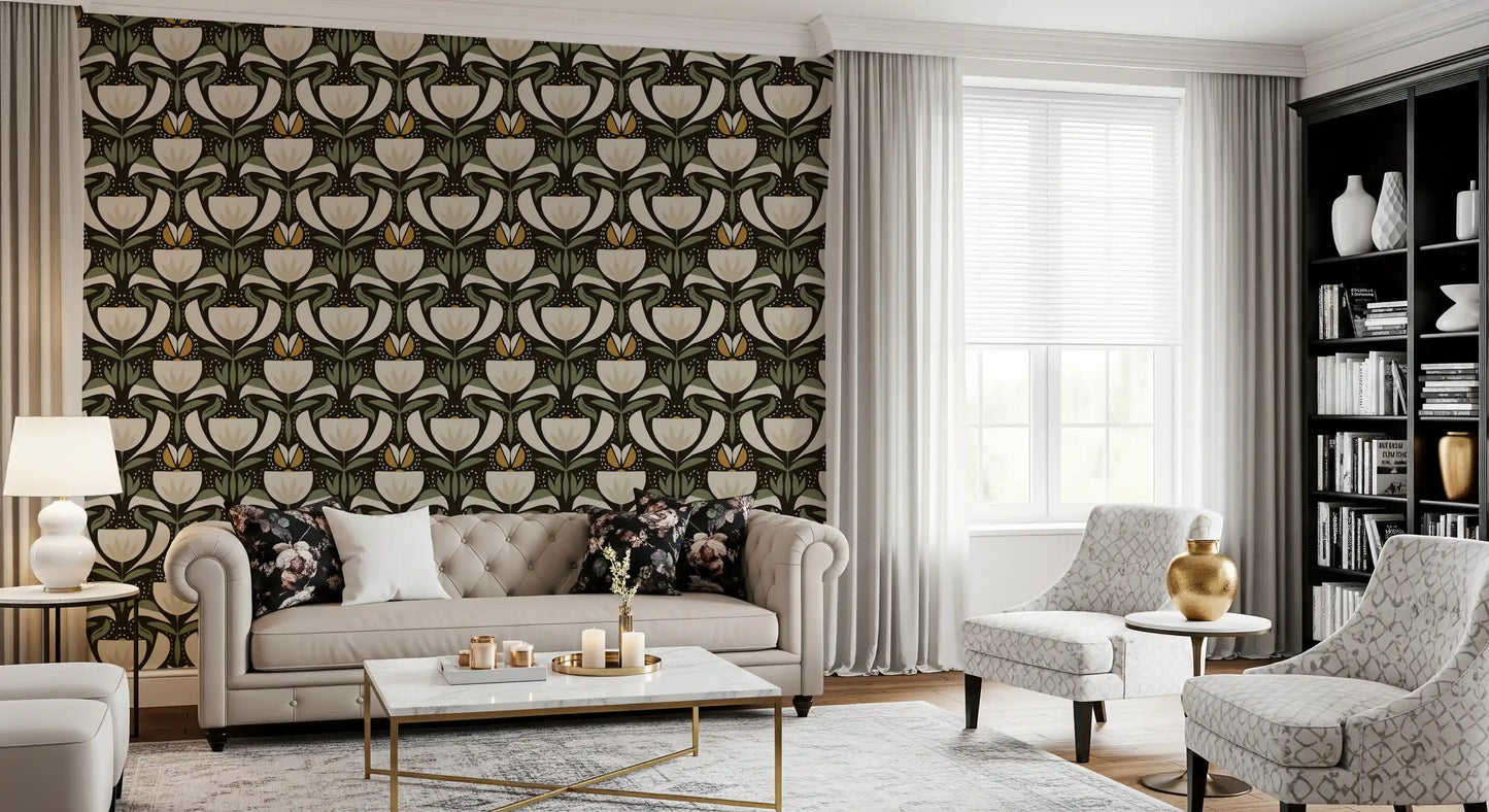 Scandinavian Folk Art Floral Garden – Earthy Botanical Pattern with Sage Green Leaves, Cream Flowers and Mustard Gold Accents – Symmetrical Vintage Nature Design  Wallpaper⁠