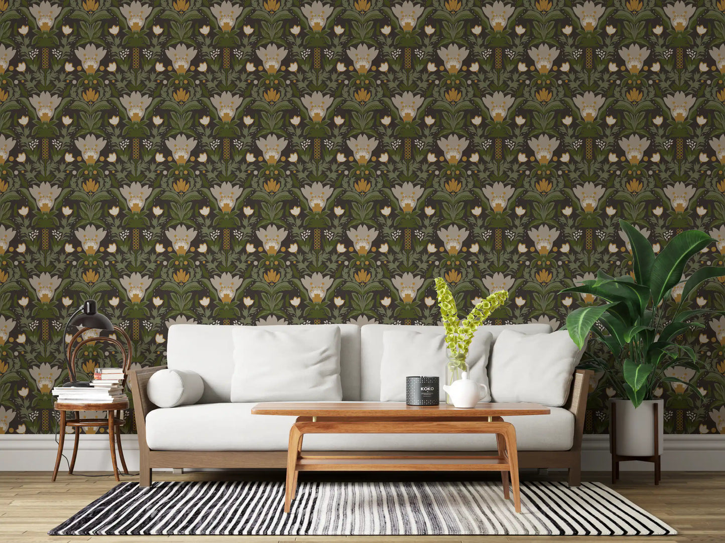 Scandinavian Folk Art Floral Garden – Earthy Botanical Pattern with Sage Green Leaves, Cream Flowers and Mustard Gold Accents on Dark Brown  Wallpaper⁠