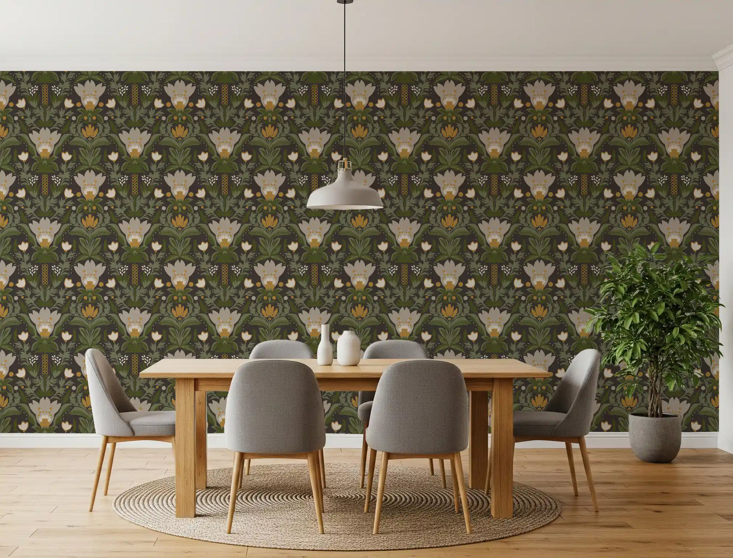 Scandinavian Folk Art Floral Garden – Earthy Botanical Pattern with Sage Green Leaves, Cream Flowers and Mustard Gold Accents on Dark Brown  Wallpaper⁠