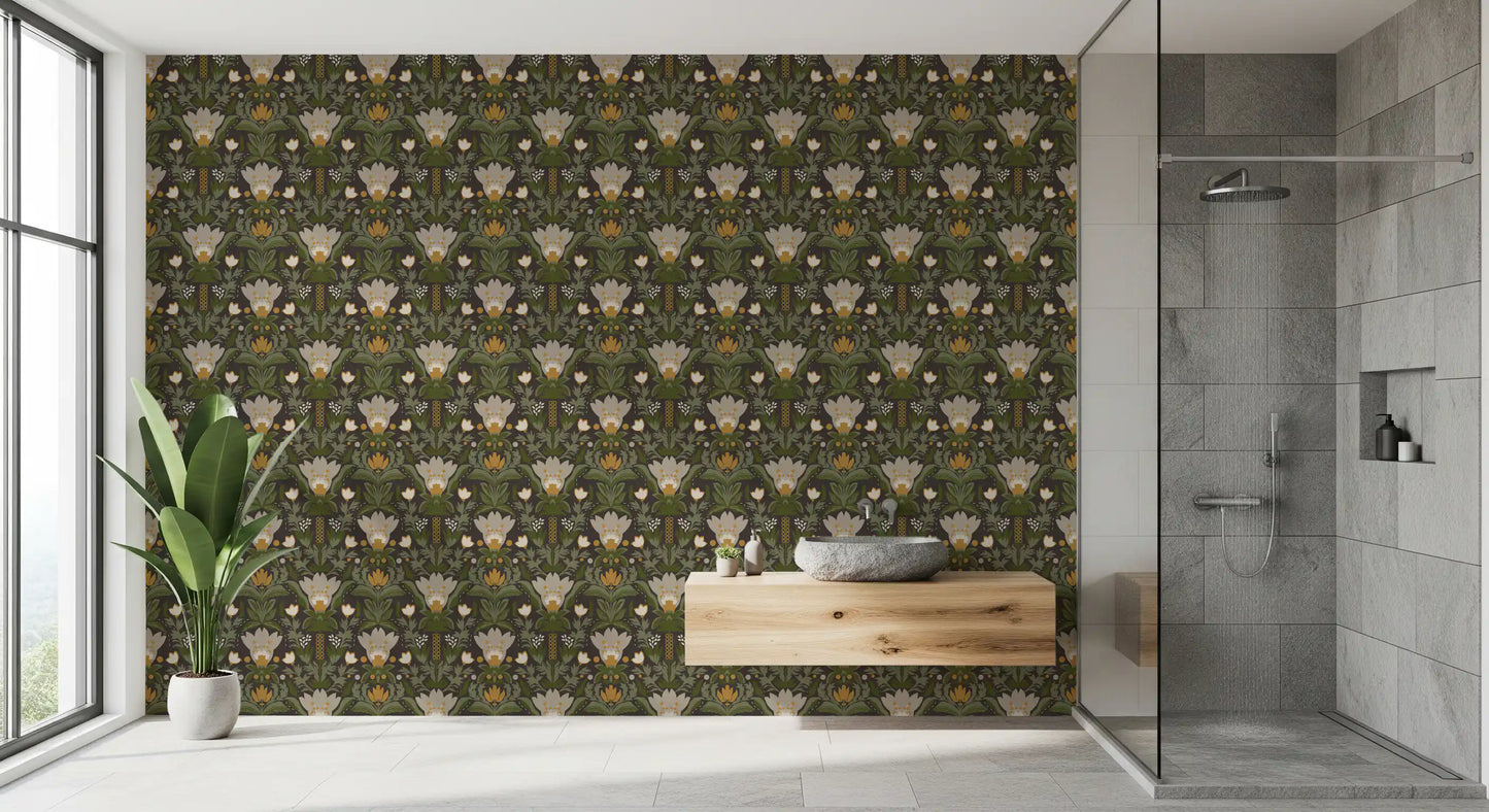 Scandinavian Folk Art Floral Garden – Earthy Botanical Pattern with Sage Green Leaves, Cream Flowers and Mustard Gold Accents on Dark Brown  Wallpaper⁠