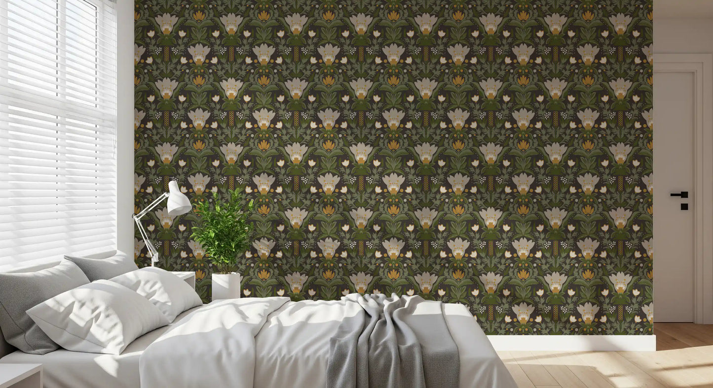 Scandinavian Folk Art Floral Garden – Earthy Botanical Pattern with Sage Green Leaves, Cream Flowers and Mustard Gold Accents on Dark Brown  Wallpaper⁠