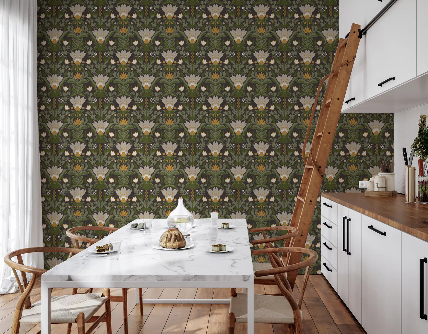 Scandinavian Folk Art Floral Garden – Earthy Botanical Pattern with Sage Green Leaves, Cream Flowers and Mustard Gold Accents on Dark Brown  Wallpaper⁠