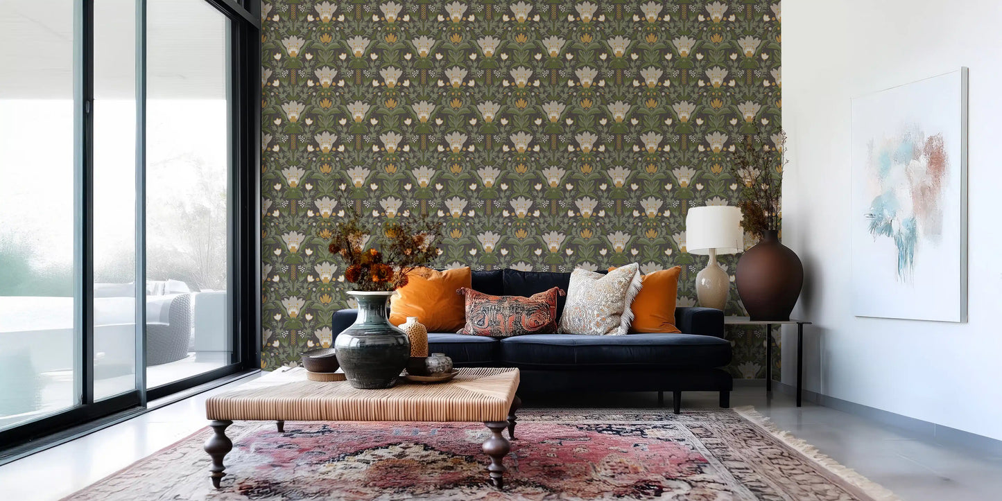 Scandinavian Folk Art Floral Garden – Earthy Botanical Pattern with Sage Green Leaves, Cream Flowers and Mustard Gold Accents on Dark Brown  Wallpaper⁠