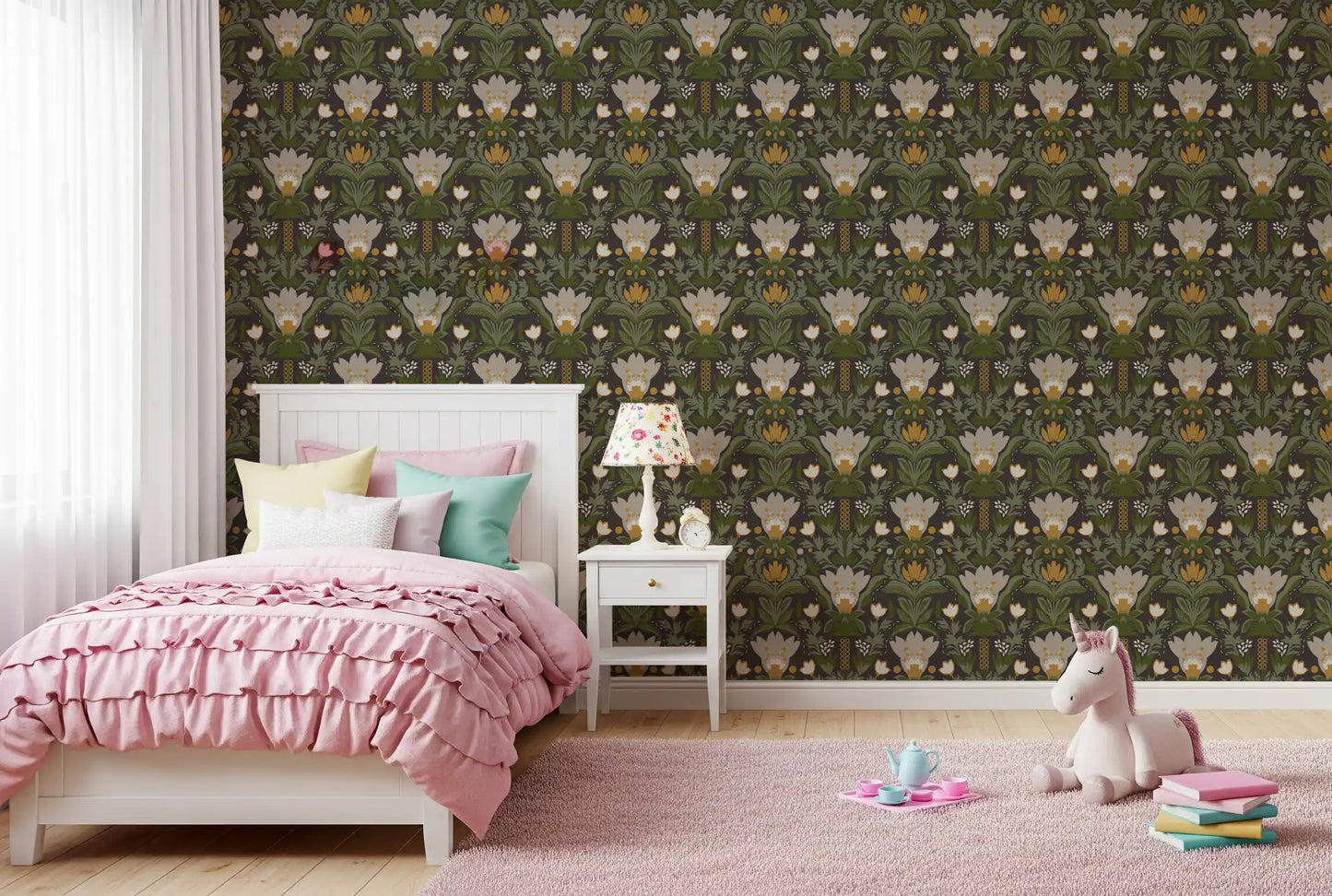 Scandinavian Folk Art Floral Garden – Earthy Botanical Pattern with Sage Green Leaves, Cream Flowers and Mustard Gold Accents on Dark Brown  Wallpaper⁠