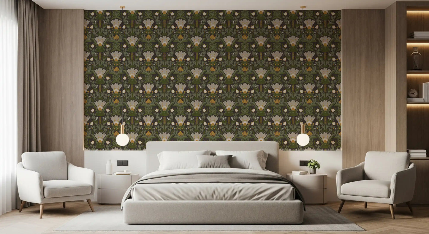 Scandinavian Folk Art Floral Garden – Earthy Botanical Pattern with Sage Green Leaves, Cream Flowers and Mustard Gold Accents on Dark Brown  Wallpaper⁠