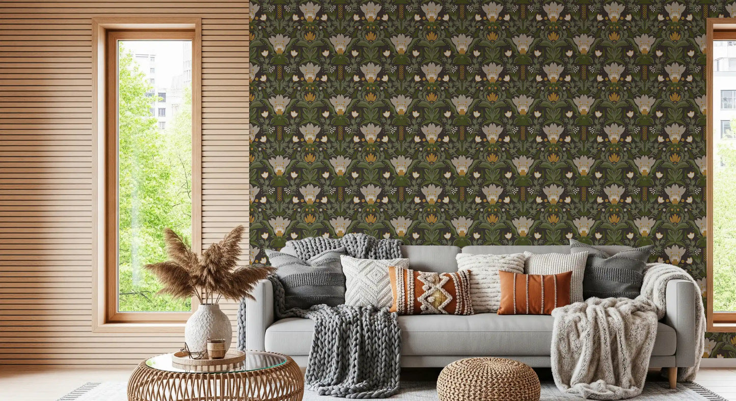 Scandinavian Folk Art Floral Garden – Earthy Botanical Pattern with Sage Green Leaves, Cream Flowers and Mustard Gold Accents on Dark Brown  Wallpaper⁠