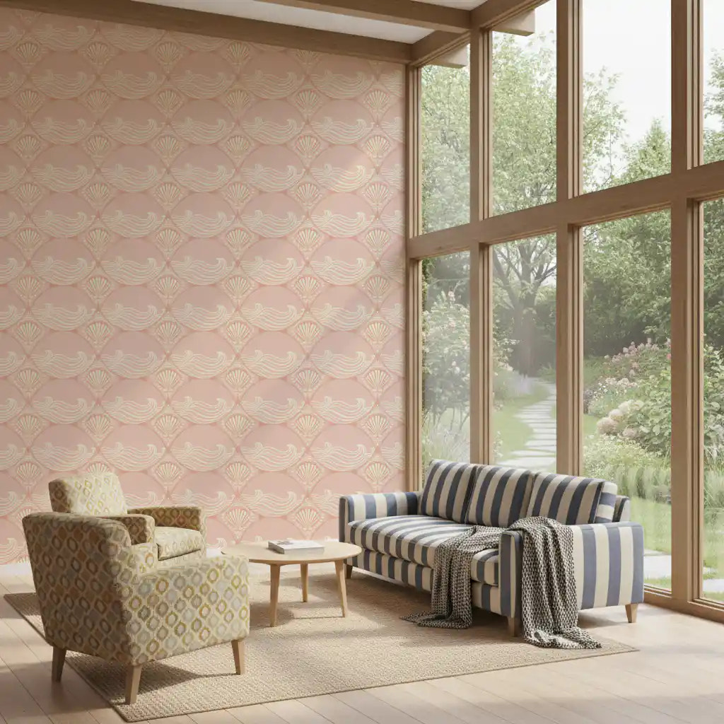 Seashell Serenity Waves Wallpaper styled in modern living room interior