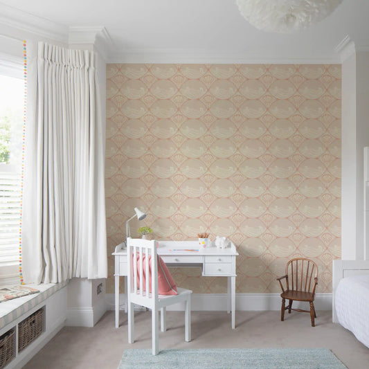 Coastal shell pattern wallpaper placed in a soft minimalist nursery setup