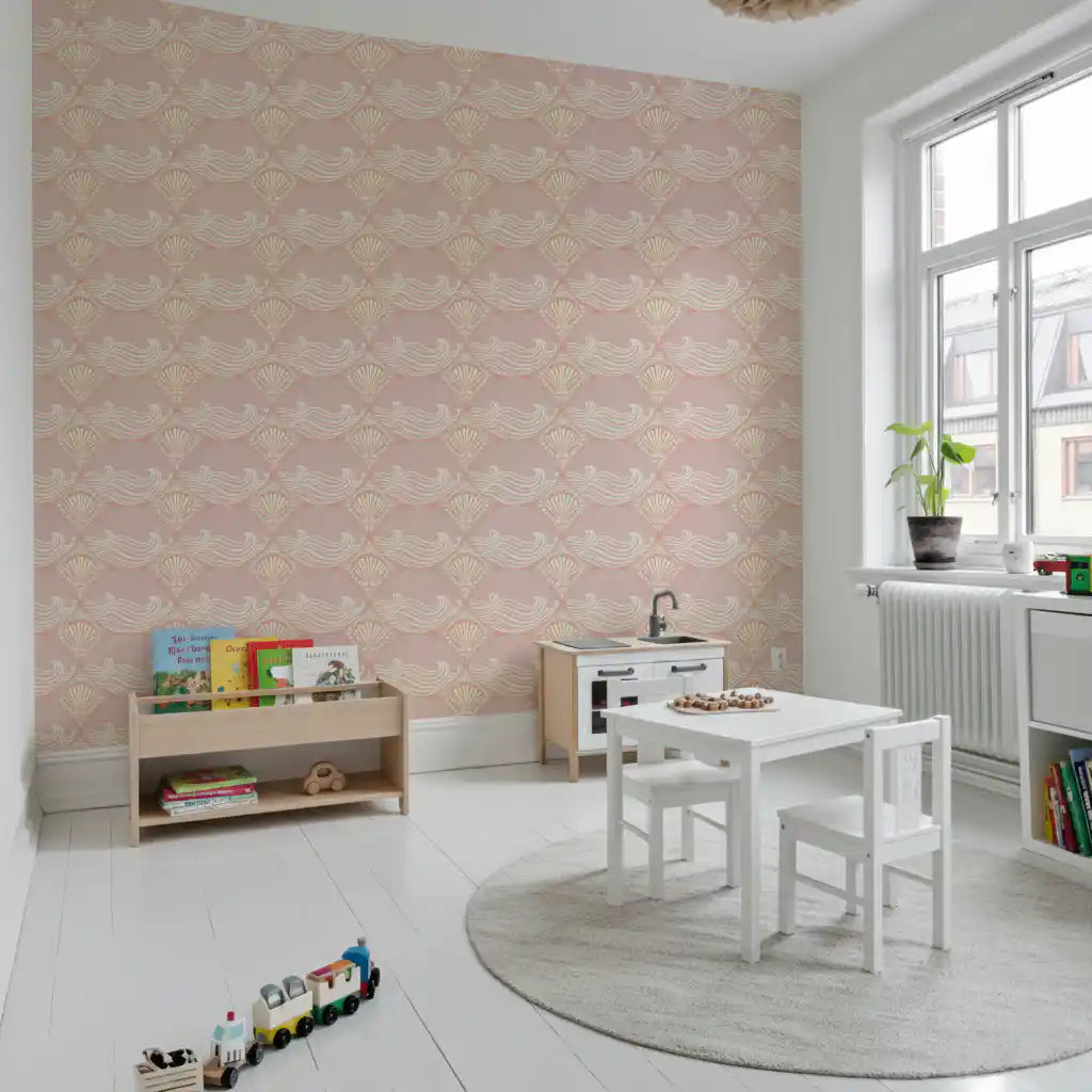 Blush Shell & Wave Pattern Wallpaper styled in nursery room interior