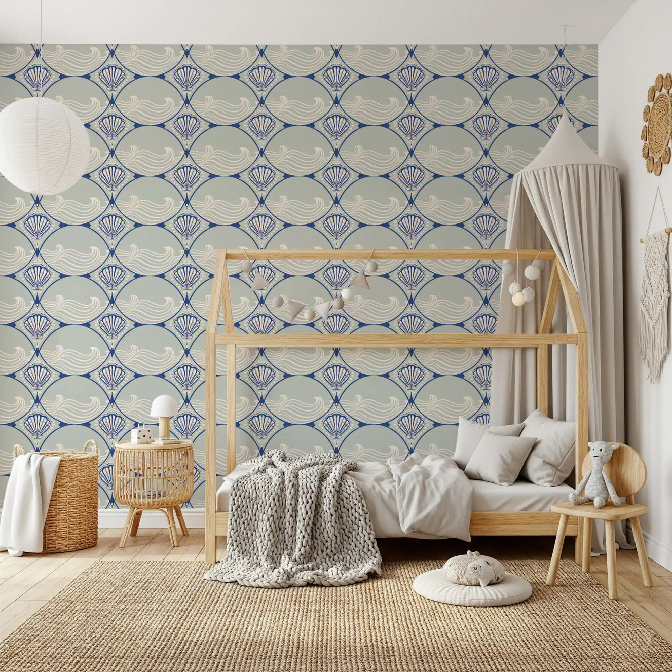 Coastal scallop shell wallpaper placed in a minimalist bedroom interior space