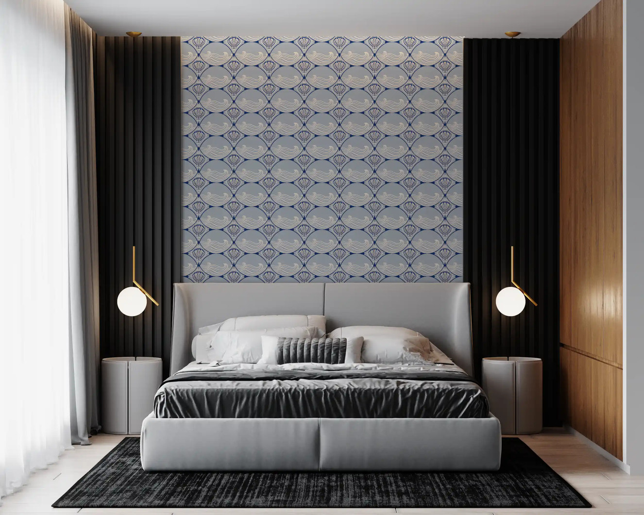 Coastal shell pattern wallpaper placed in a minimalist bedroom setting