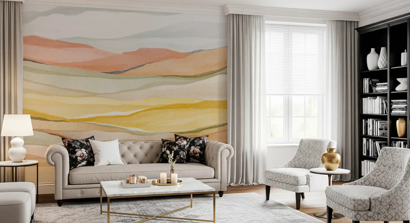 Living room styled with Earthen Horizon Serenity Wall Mural in soft earthy layers