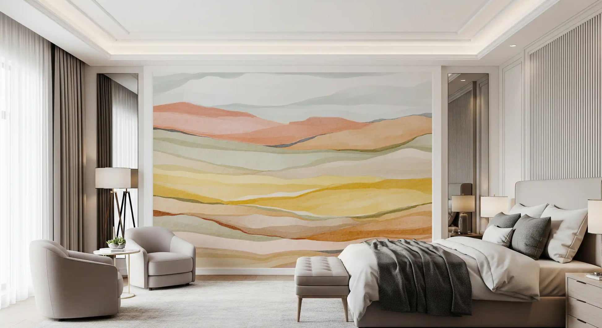 bedroom design with Earthen Horizon Serenity Wall Mural in earthy shades