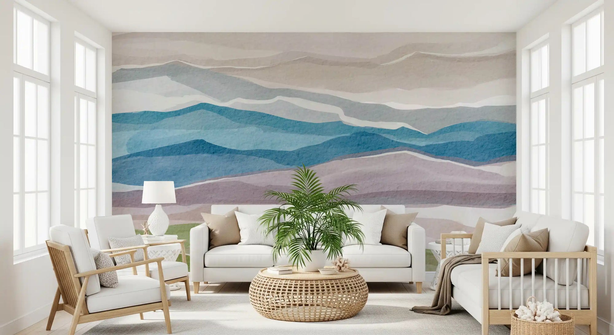 Living room styled with Serene Layered Horizons Wall Mural in soft gradients