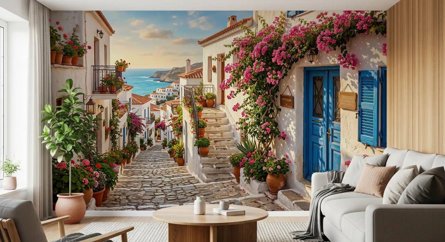 Bougainvillea village wall mural styled in a modern livingroom