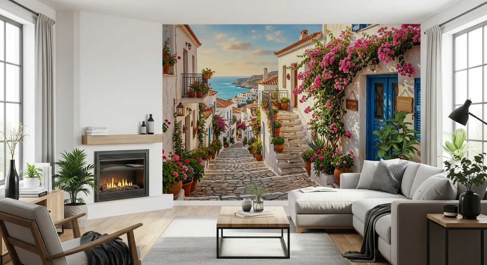 Bougainvillea Steps to the Aegean wall mural in a bright living room