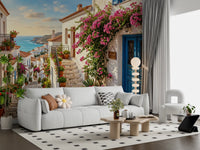 Mediterranean floral Aegean wall mural styled in a living room
