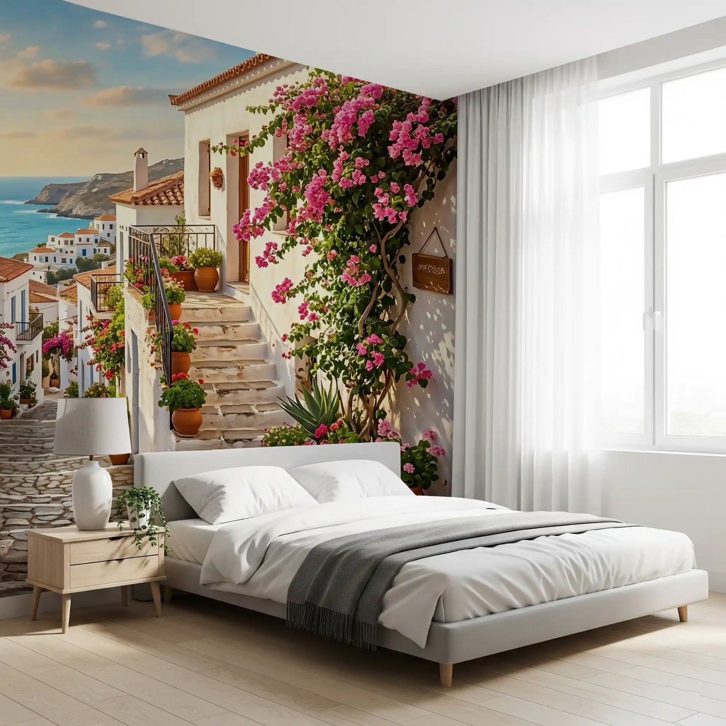 Aegean coastal wall mural featured in a serene bedroom setting