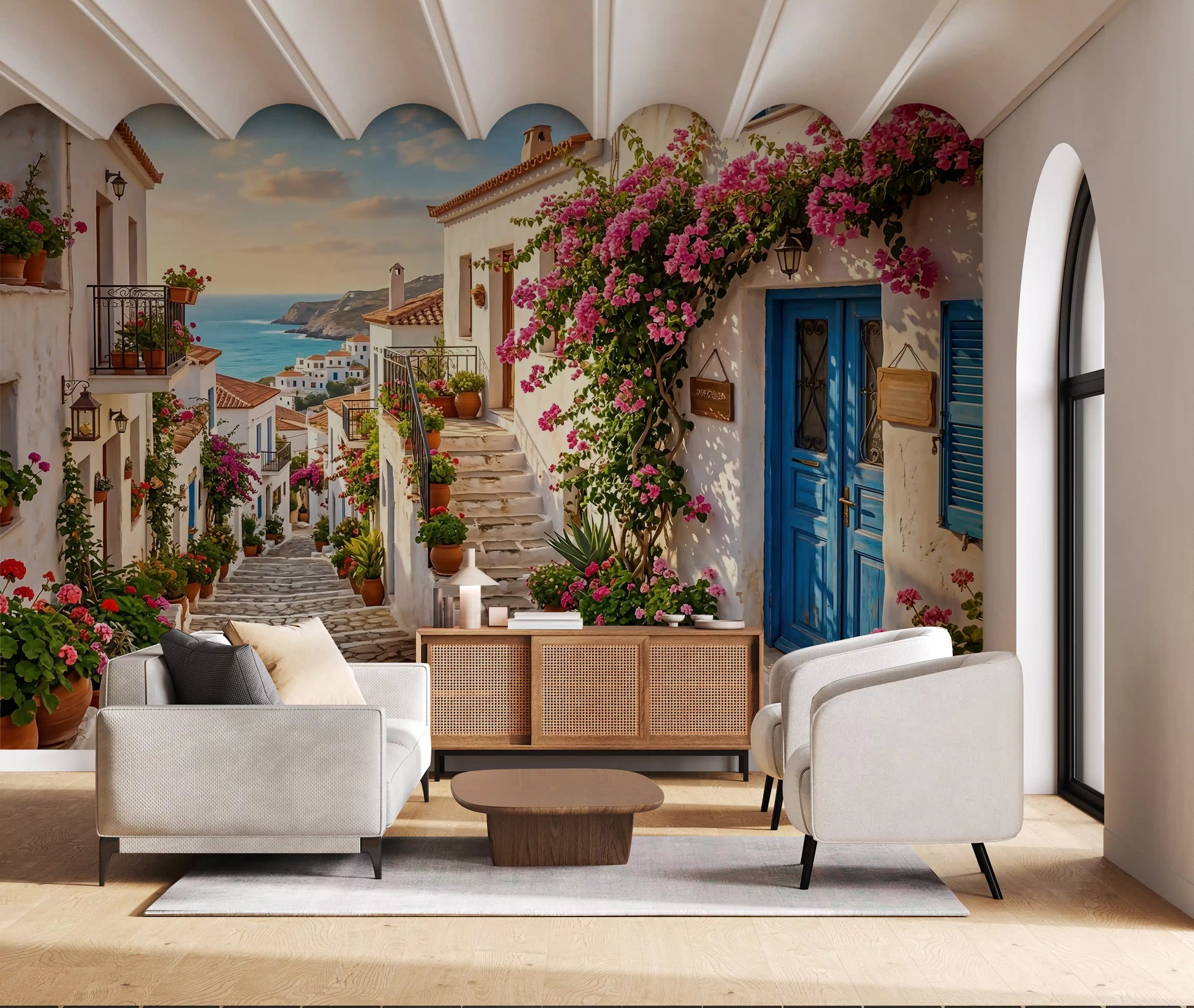 Seaside steps wall mural featured in a boutique hotel lobby