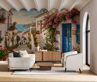 Seaside steps wall mural featured in a boutique hotel lobby
