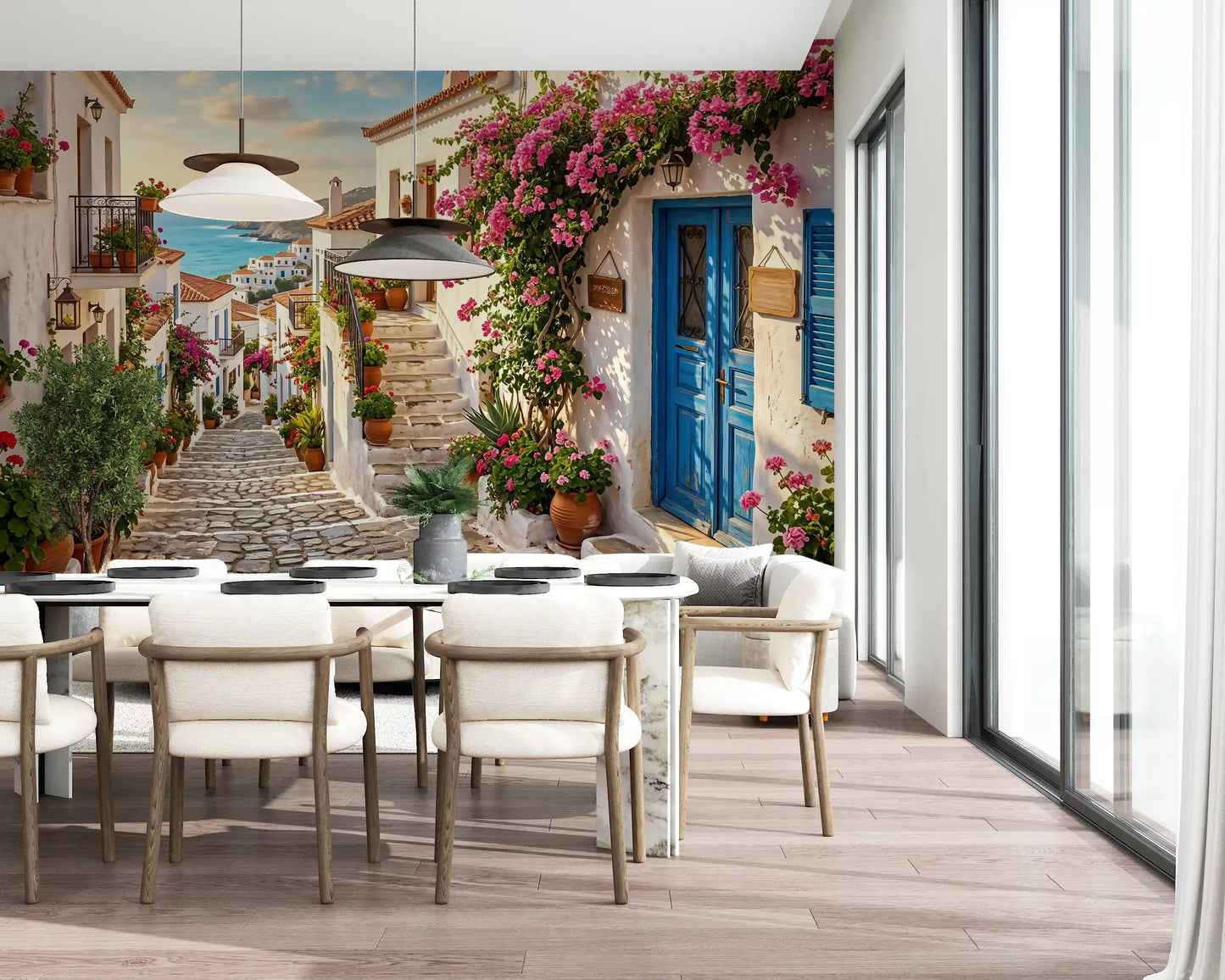 White village Steps wall mural used in a stylish dining interior