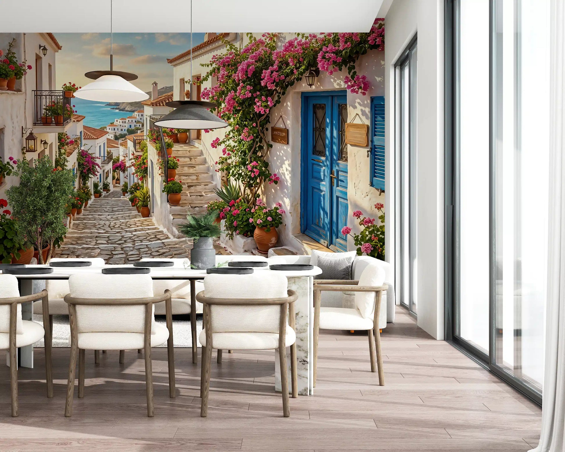 White village Steps wall mural used in a stylish dining interior