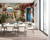 White village Steps wall mural used in a stylish dining interior