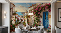Coastal steps flower wall mural shown in a refined hotel and cafe space
