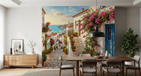 Aegean village wall mural arranged in a welcoming dining area 