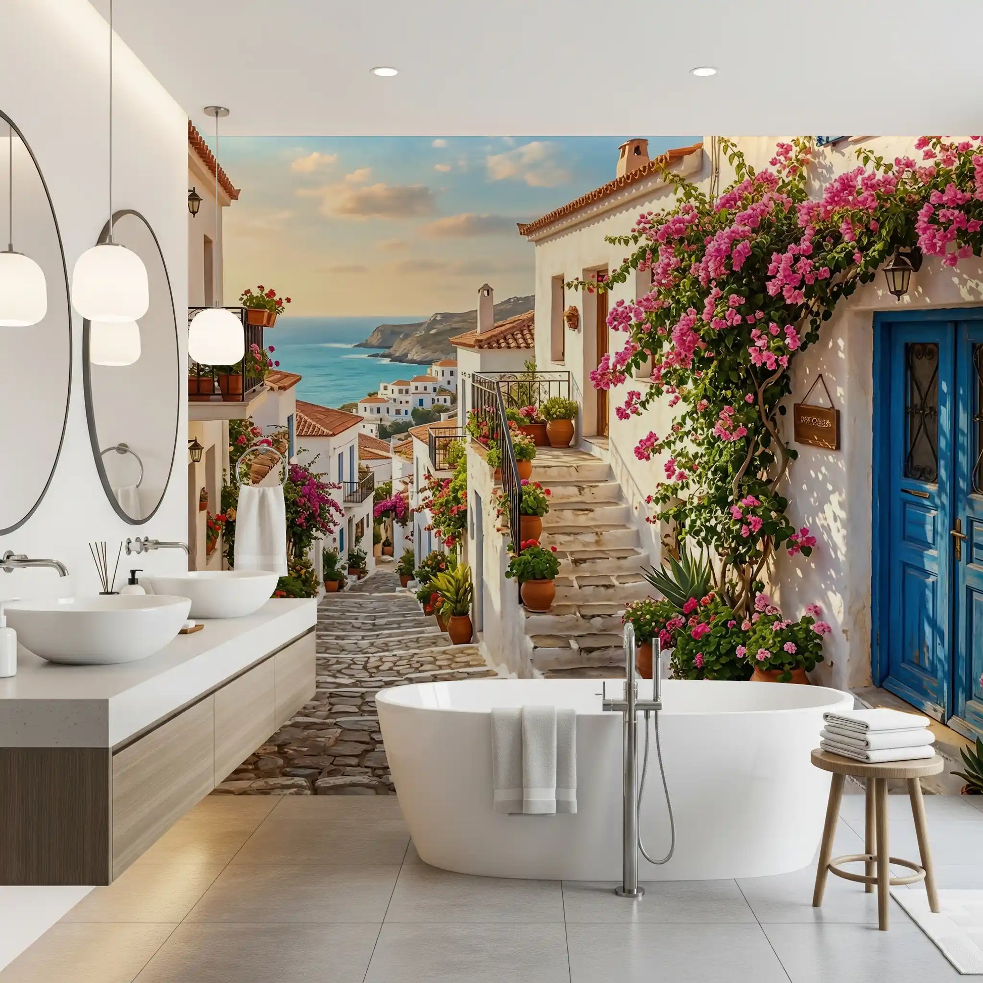 Bougainvillea lane wall mural highlighted in a bathrom area