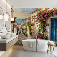 Bougainvillea lane wall mural highlighted in a bathrom area