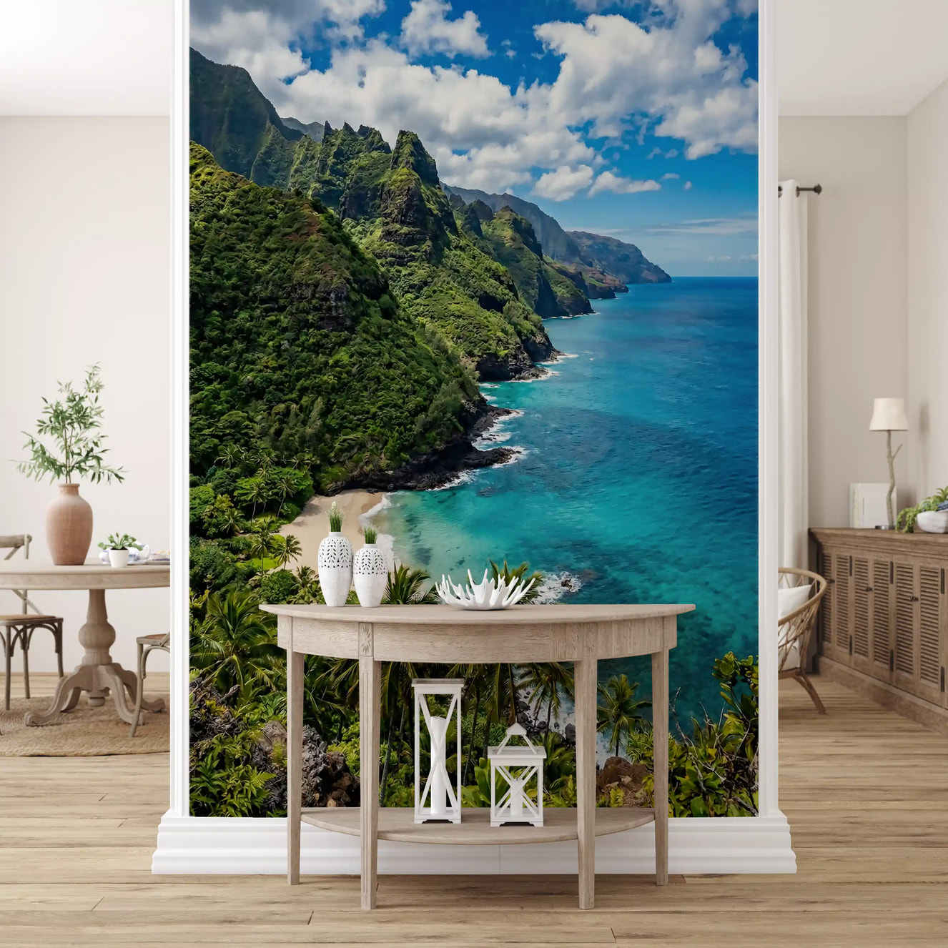 Emerald cliffs wall mural in a bright living room with coastal styling