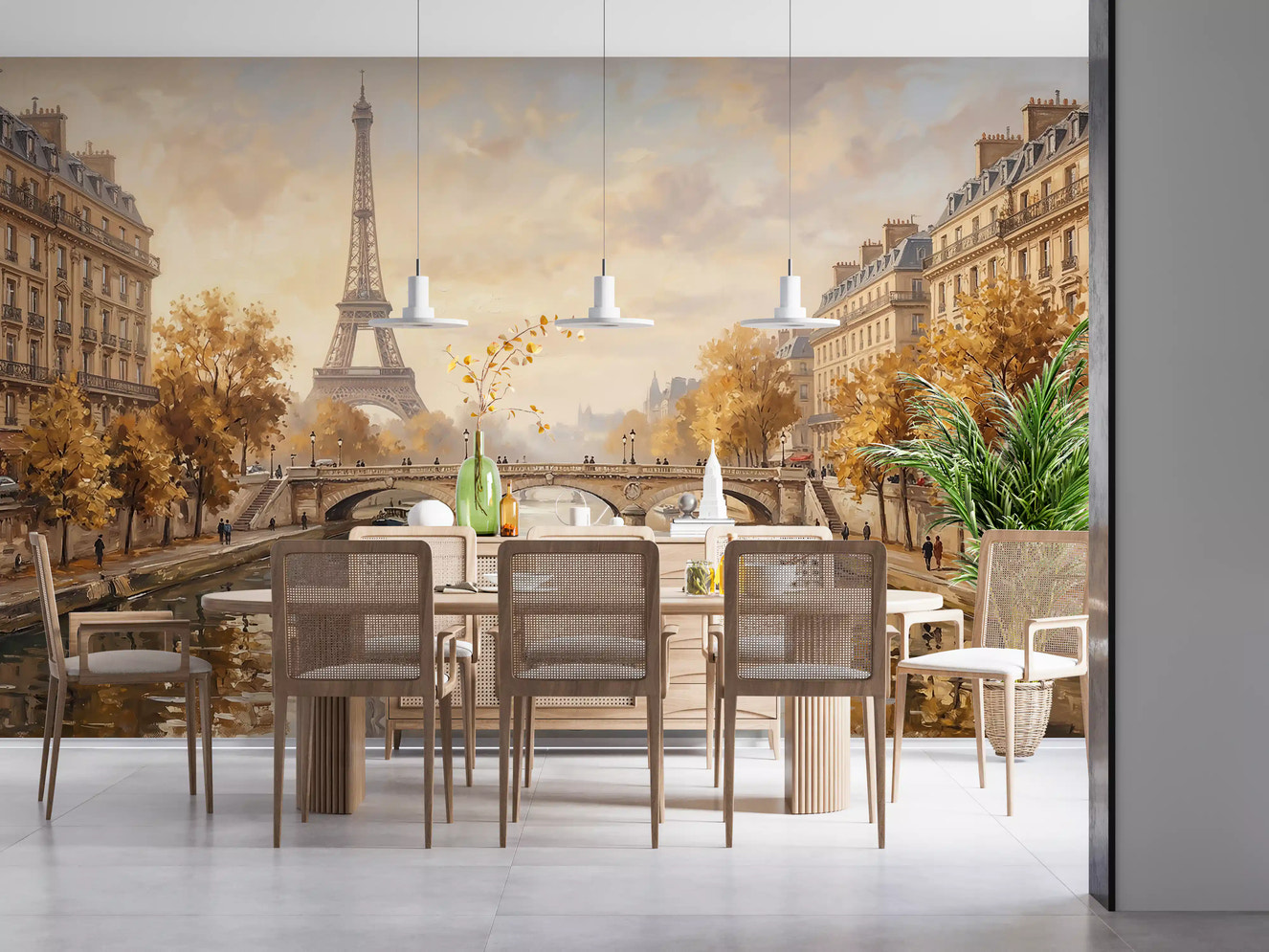 Eiffel canal wall mural styled in a modern dining room